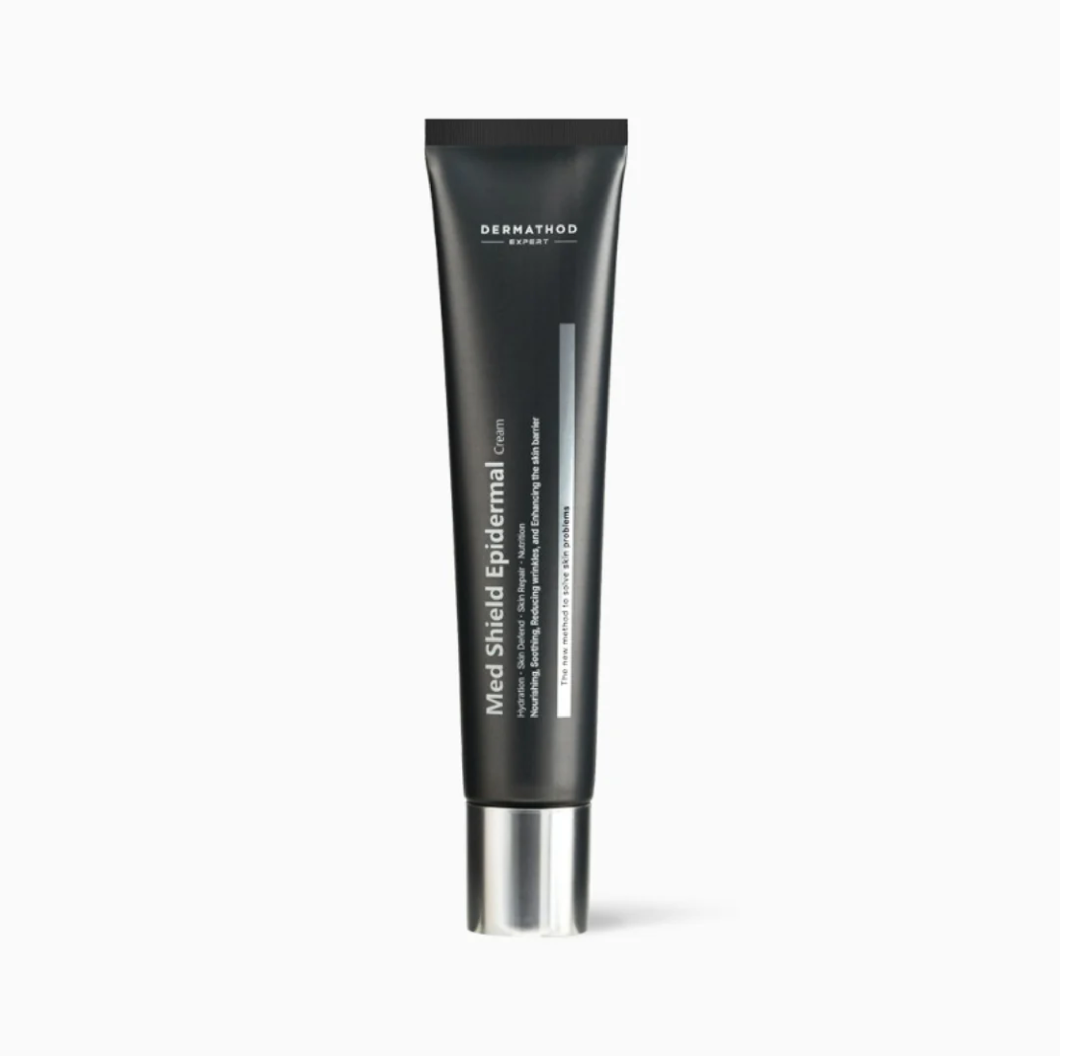 Black skincare tube with silver base on a white background