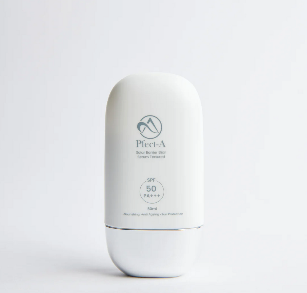 White skincare bottle with 'Pfect-A' branding on a light gray background